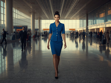 A confident flight attendant in a blue skirt suit walks through a bright modern airport terminal. Crowds of travelers and a reflection on the shiny floor surround her.の素材