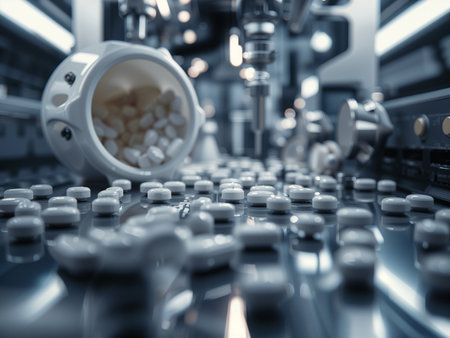 A high-speed pharmaceutical production line that fills blister packs with white tablets. The automated equipment efficiently and precisely performs the packaging process.の素材