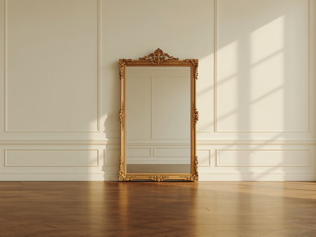 A luxurious gold-framed mirror leans against a minimal wall above white baseboards. Polished dark wood flooring catches bright sunlight in the empty room.の素材