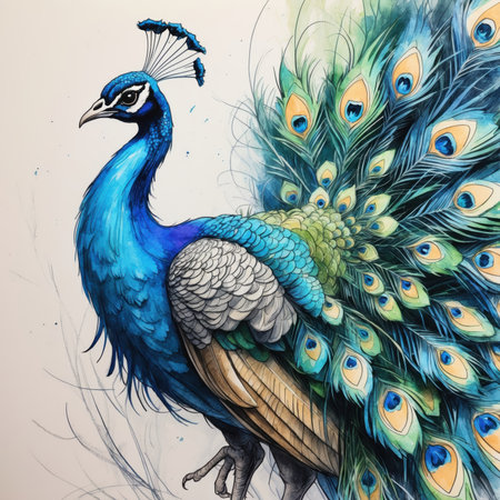 A majestic peacock displays its vibrant, iridescent blue and green tail feathers. This elegant artwork highlights the intricate patterns and natural beauty of the bird.の素材