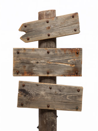 A rustic wooden signpost features three blank rectangular planks. The empty weathered boards are isolated on a white background, perfect for copy space.の素材