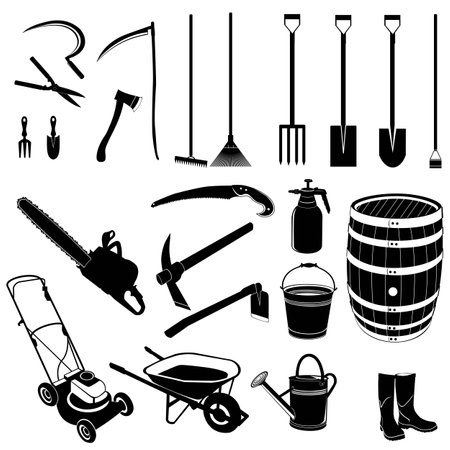 set of farming and gardening tools silhouetteのイラスト素材