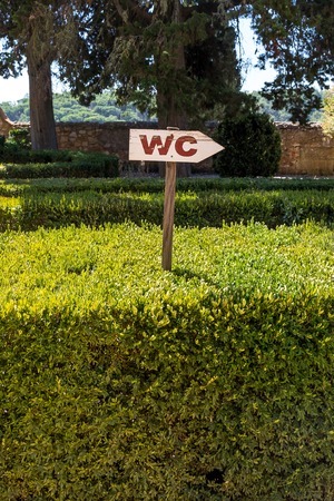 Wooden WC Sign on one Hedge, in a Public Parkの写真素材