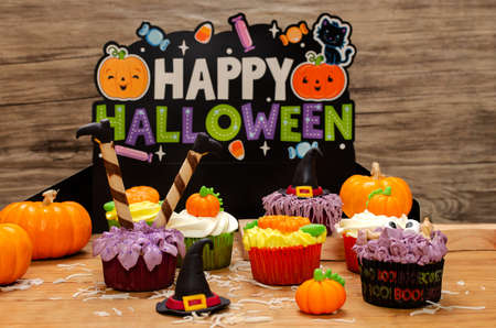Beautiful very colorful decorated cupcakes to celebrate Halloween.の写真素材