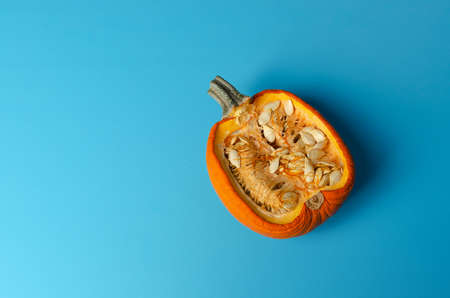 Pumpkin cut in half on blue background. Starting rot, isolated.の写真素材