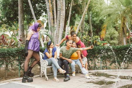 Group of different people taking a group selfie. Concept of friendship, respect, equality, diversity.の写真素材