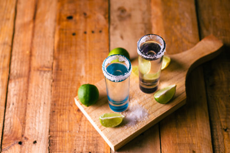 Shot of tequila served in a tequila glass on a wooden table. Blurred background. Rustic bar atmosphere.の写真素材