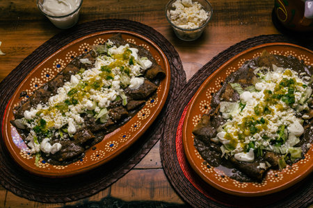 Enfrijoladas served in a clay dish. Typical Mexican food. Bean tacos with cream and cheese.の写真素材