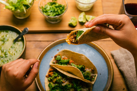 Woman's hand holding a taco of marinated meat. Plate with tacos, sauce and vegetables on wooden table. top view.の写真素材