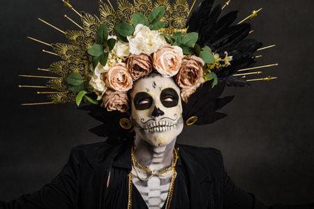 Studio portrait of Drag Queen catrin. Catrin dressed in black with flower crown. Makeup for halloween or day of the dead.の写真素材