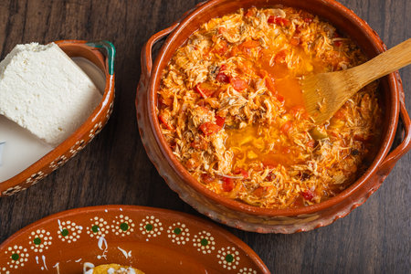 Authentic mexican chicken tinga, typical mexican food prepared in a clay pot on a wooden table.の写真素材