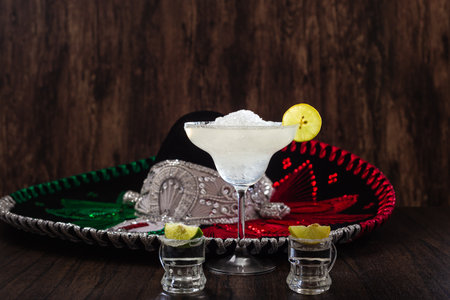 Margarita cocktail and mariachi hat in the background. Mexican symbols.の写真素材