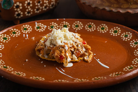 Authentic mexican chicken tinga with fresh cheese and cream on toast.の写真素材