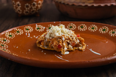 Authentic mexican chicken tinga with fresh cheese and cream on toast.の写真素材