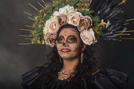 Catrina portrait, close-up. Mexican woman with catrina makeup. Day of the dead and halloween makeup.の写真素材