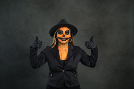 Woman made up as a pumpkin to celebrate Halloween with a positive attitude giving a thumbs up sign.の写真素材