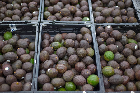 Group of hass avocados in a supermarket. Select focus.