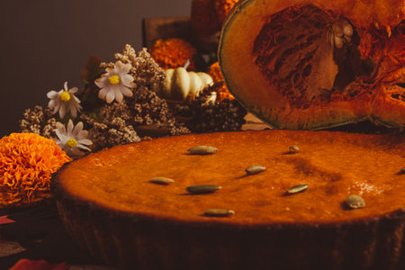 Pumpkin pie on wooden table. Dessert for thanksgiving dinner on wooden table.の写真素材