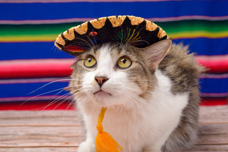 Pet with mexican mariachi hat. Cat celebrating the Day of the Independence of Mexico.の写真素材