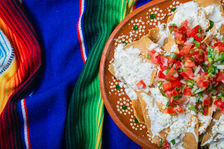Nachos with cream cheese and pico de gallo on a colorful serape.の写真素材