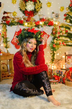 Beautiful woman with Christmas makeup wearing Christmas wreath and red sweater sitting by fireplace in living room decorated for Christmas.の写真素材