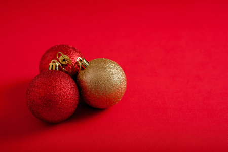 Christmas spheres on red background. Christmas background.の写真素材