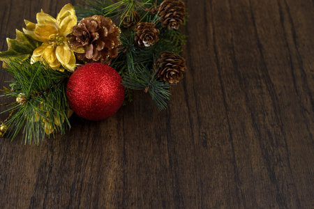 Christmas ornaments on wooden table with copy space. Christmas background.の写真素材