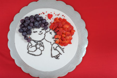 White cake decorated with drawing and red fruits. Beautiful white cake on red background.の写真素材