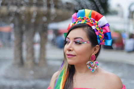 Street portrait of Mexican woman wearing traditional dress with multicolored embroidery. Hispanic woman celebrating independence day.の写真素材
