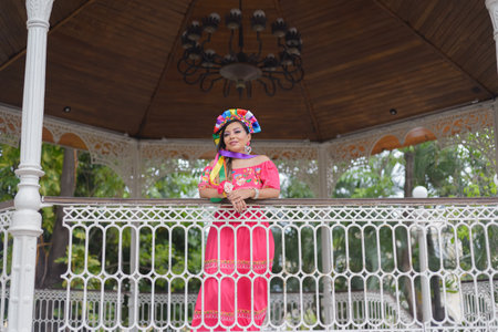 Street portrait of Mexican woman wearing traditional dress with multicolored embroidery. Hispanic woman celebrating independence day.の写真素材