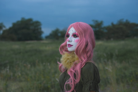 Young woman made up as a sad clown in a lonely field. Concept of loneliness and sadness. Halloween makeup.の写真素材