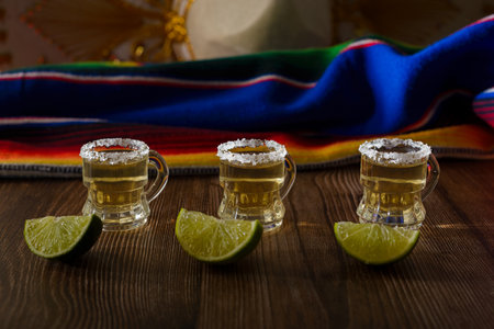 Tequila shots with salt and lime on a bar table. Shots of tequila and typical mexican elements.の写真素材