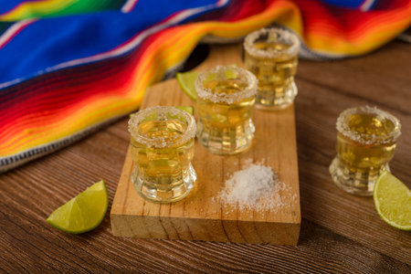 Tequila shots with salt and lime on a bar table. Shots of tequila and typical mexican elements.の写真素材