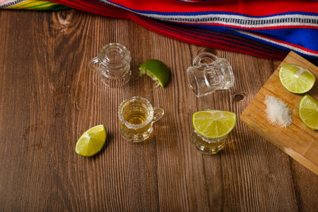 Tequila shots with salt and lime on a bar table. Shots of tequila and typical mexican elements.の写真素材