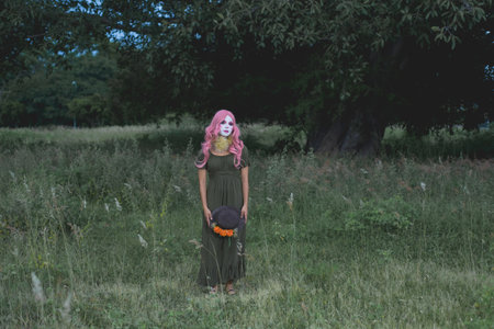 Young woman made up as a sad clown in a lonely field. Concept of loneliness and sadness. Halloween makeup.の写真素材
