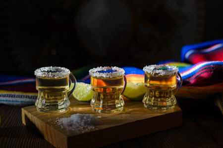 Tequila shots with salt and lime on a bar table. Shots of tequila and typical mexican elements.の写真素材