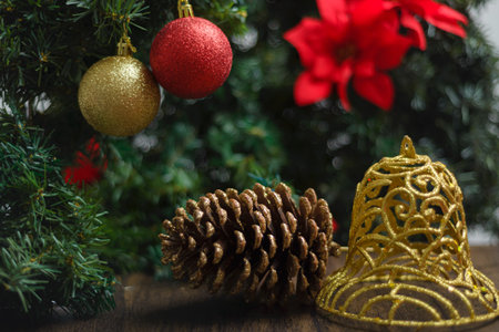 Christmas decorations on a Christmas tree. Christmas background, selective focus.の写真素材