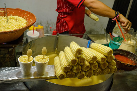 Boiled elote (corn) stand. Traditional Mexican fast food.の写真素材