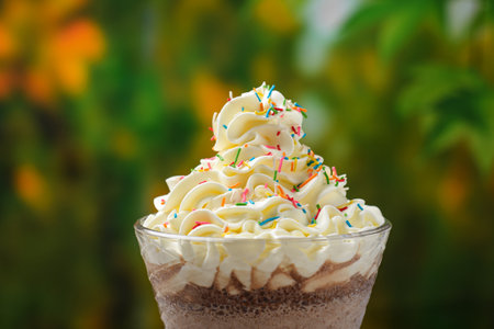 Chocolate milkshake with whipped cream on a wooden table. Milkshake with summer background.