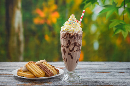 Chocolate milkshake with whipped cream on a wooden table. Milkshake and sweet cookies with summer background.の写真素材