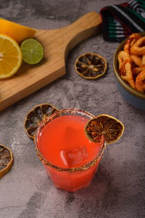 Original vampire, traditional Mexican cocktail and its ingredients on a cement table.