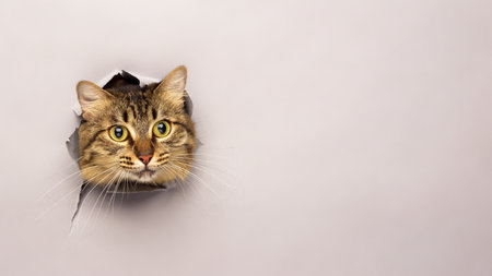 Tabby cat peeks through a torn paper background. Surprise concept.の写真素材