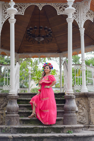 Mexican woman wearing traditional dress with multicolored embroidery. Woman celebrating Cinco de Mayo.の写真素材