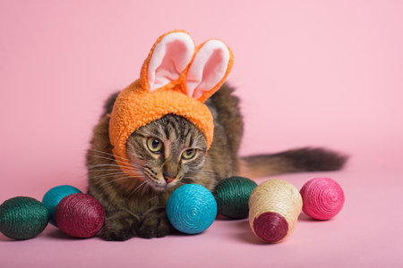 Easter Bunny. Tabby cat with bunny ears and easter eggs on pink background. Funny Easter background.