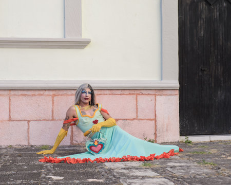 Drag queen posing for the camera. Outdoor daytime portrait.の写真素材