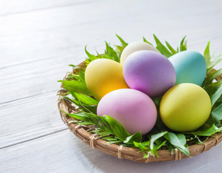 Wicker basket with easter eggs on wooden table. Easter background.の素材