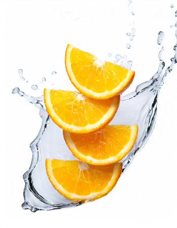 Falling orange slices with water splash isolated on white background.の素材