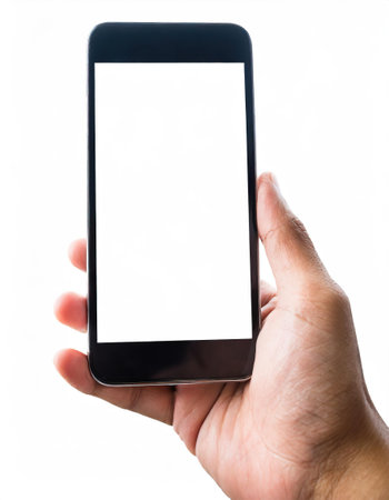 Man hand holding cell phone with blank screen isolated on white background.の素材