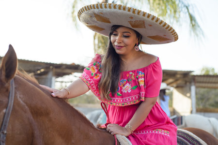 Mexican woman wearing traditional dress and charro hat on horseback. Cinco de Mayo celebration.の写真素材