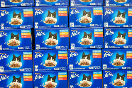 Colima, Mexico, March 22, 2024. Stacked boxes of Purina brand cat food. Felix the catのeditorial素材
